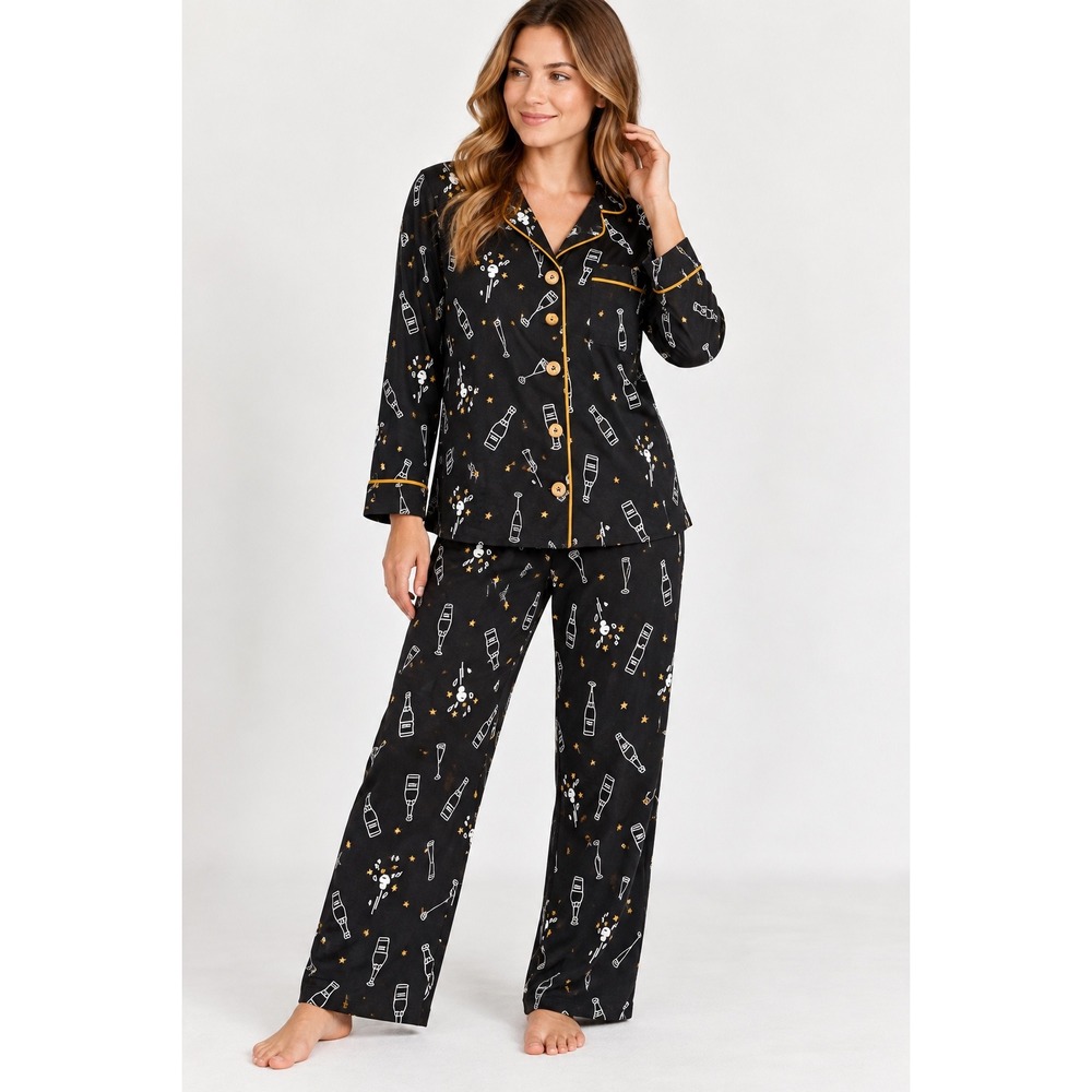 PJ Salvage Women's M Champagne Celebration Pajama Set Black Gold Long Sleeve